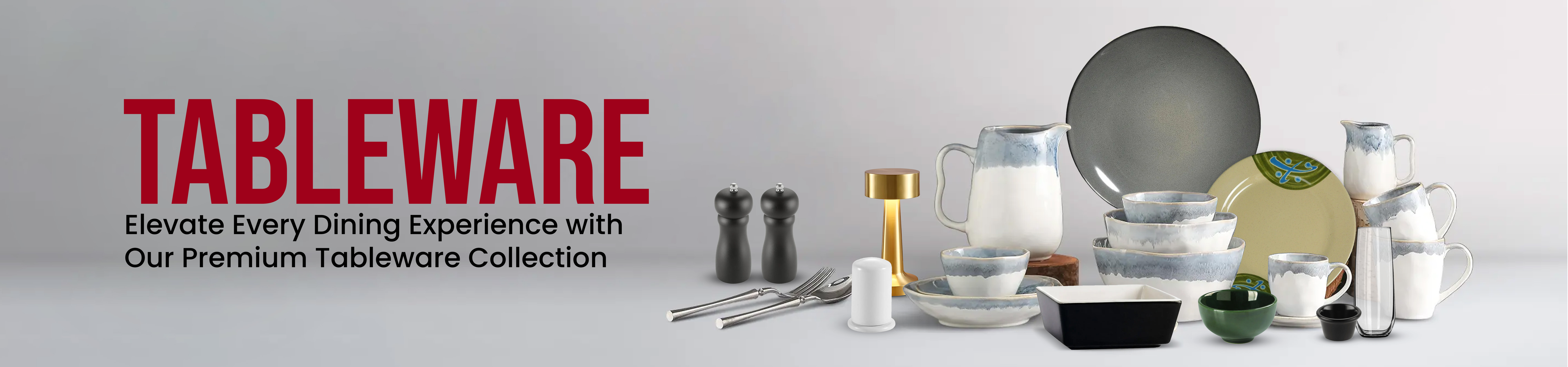 Modern tableware collection featuring ceramic bowls, plates, jugs, salt and pepper shakers, cutlery designed for stylish dining and presentation.